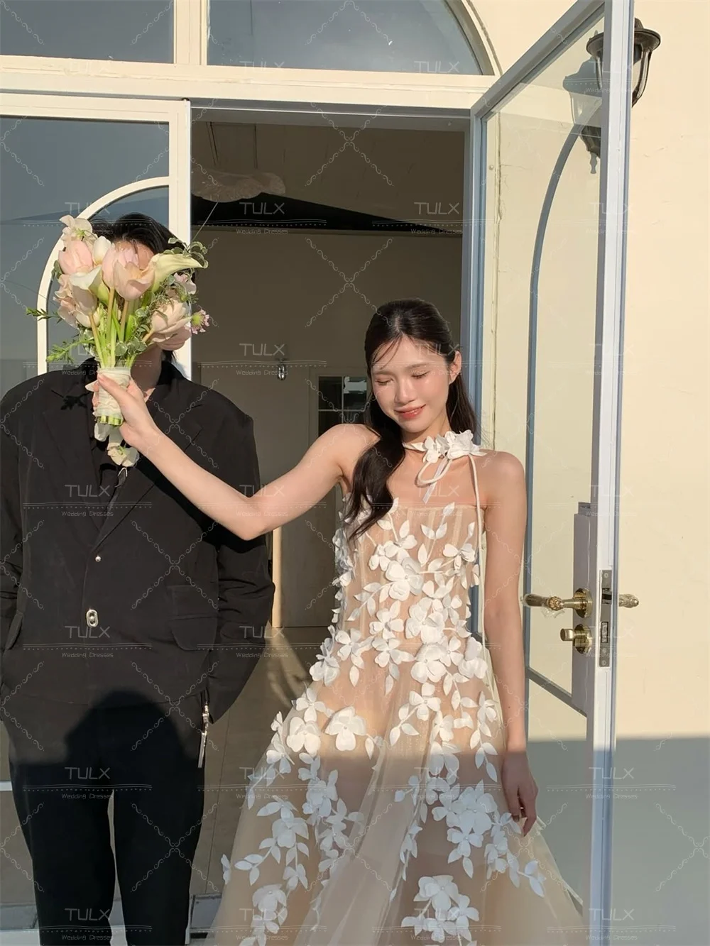 TULX Luxury Ivory 3D Lace Wedding Dress Korea Photo Shoot Shoot Champagne Strapless Long Bridal Gowns Customized 웨딩드레스 2026