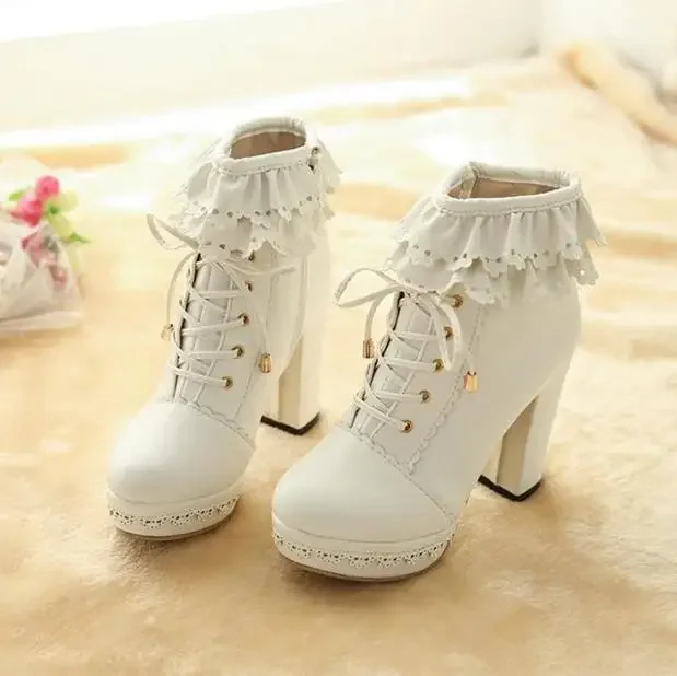 Lolita botas de salto alto sapatos de renda mulheres curtas primavera rosa corte jovens meninas