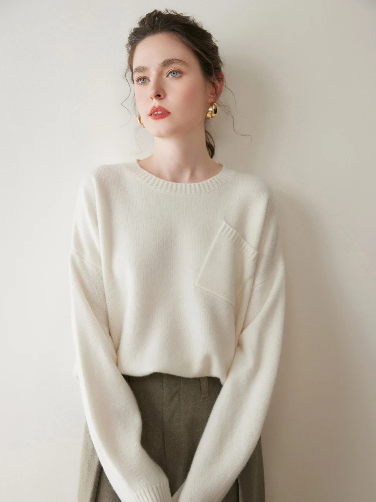 เสื้อสเวตเตอร์แคชเมียร์แท้ 100% สำหรับผู้หญิง ฤดูใบไม้ร่วง-ฤดูหนาว 2025 ทรงหลวม สวมหัว สบายๆ คอโอ ผ้าถักเนื้อนุ่ม มีกระเป๋า