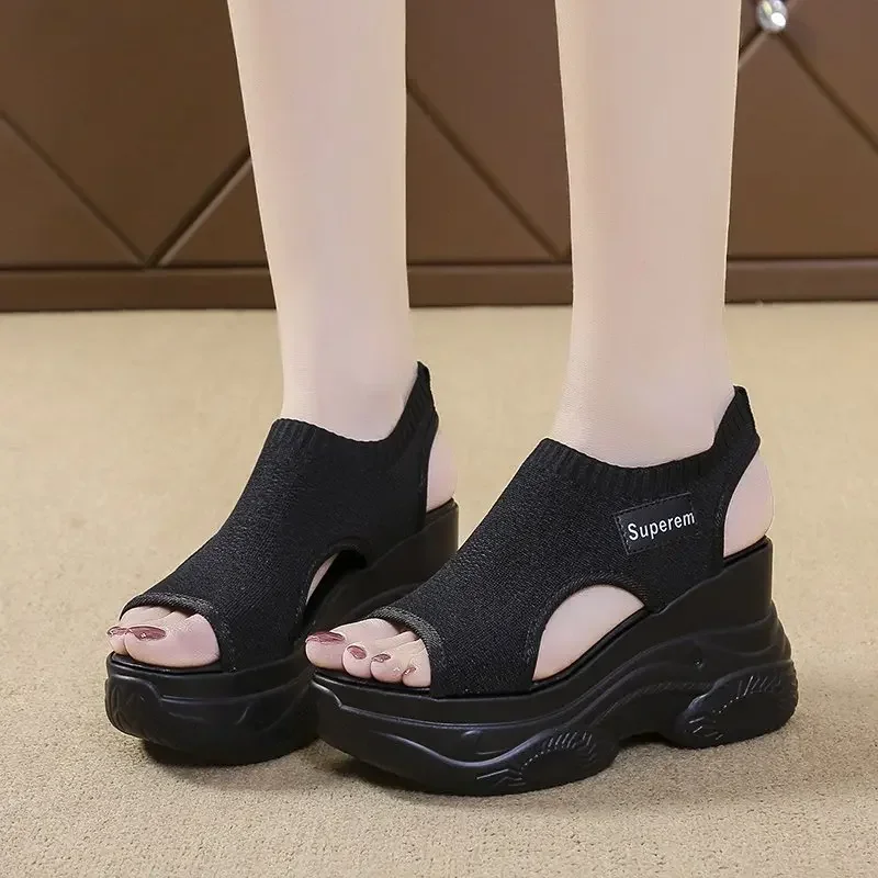 Sandals Women Summer Korean Version Fish Mouth Shoes Fashion Knitting Mesh Breathable Wedge Platform Sport Sandals Shoes Casual