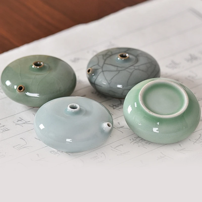 Handmade Ru Kiln Celadon Water Dropper Ceramic Inkstone Calligraphy Brush Pen Set Chinese Scholar Desk Gift Box view 2