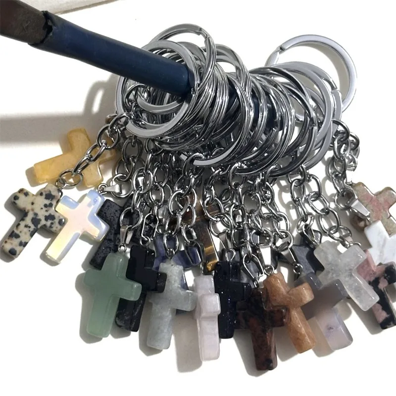 15pcs Cross Shape Stone Crystal Pendant Mineral Quartz Pendulum Keychain Lucky Charms Hangle Dangle Key Holder Key Ring Jewelry