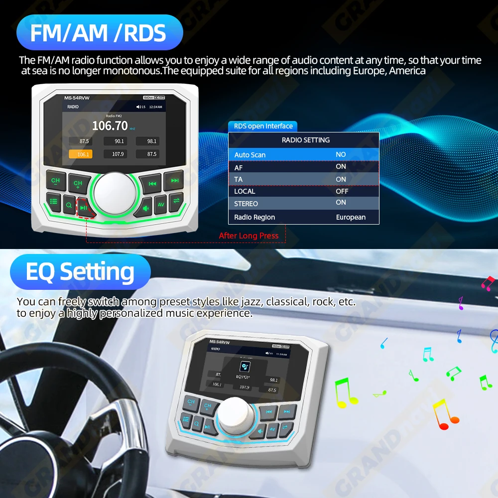 GRANDnavi MP5 Marine สเตอริโอกันน้ํา IPX5 เรือเครื่องเล่นวิทยุบลูทูธ FM AM RDS สําหรับ Yacht Gauge RV ATV UTV รถเข็น