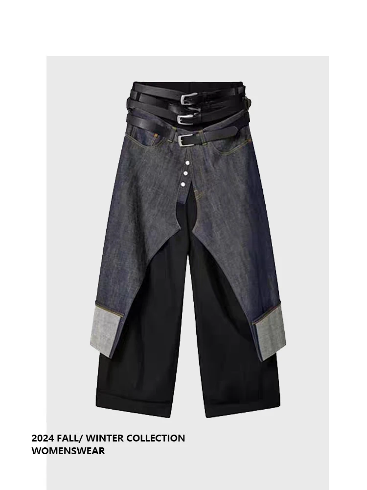 

Forever 21 American Style Fake Two-Piece High Waist Wide Leg Denim Skirt Pants Women's Summer New Design Sensation plus Size