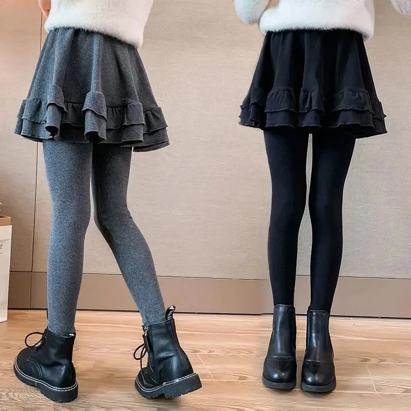 

2024 Winter autumn Girls clothes Skinny culottes skirt Pants Thickened cotton Leggings teens Plus velvet tight pantihose 12 year