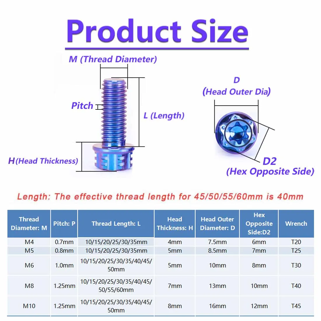 Titanium Ti Bolt Flange Torx Head Screw M4 M5 M6 M8x10 15 20 25 30 35 40 45 50 55 60 65 70 75 80 85 90mm for Motorcycle Refitted