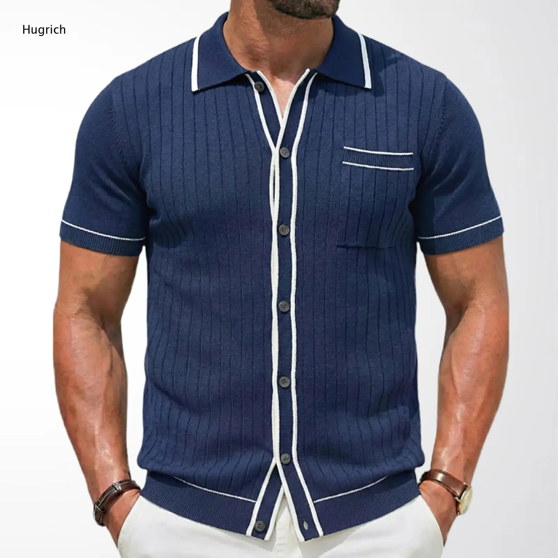 Herren Atmungsaktives Vertikal Geripptes Weißes Poloshirt mit Kontrastbesatz Revers und Brusttasche