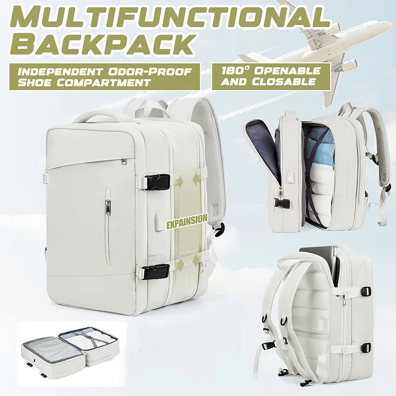 

Women's expandable anti-theft travel backpack, multi compartment storage, independent laptop compartment, with a pull rod cover