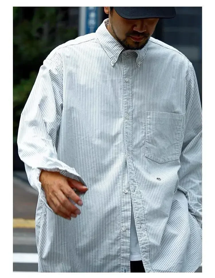 Day single NNAMCA Oxford spinning embroidered city boy vintage pocket couple loose striped long sleeve shirt