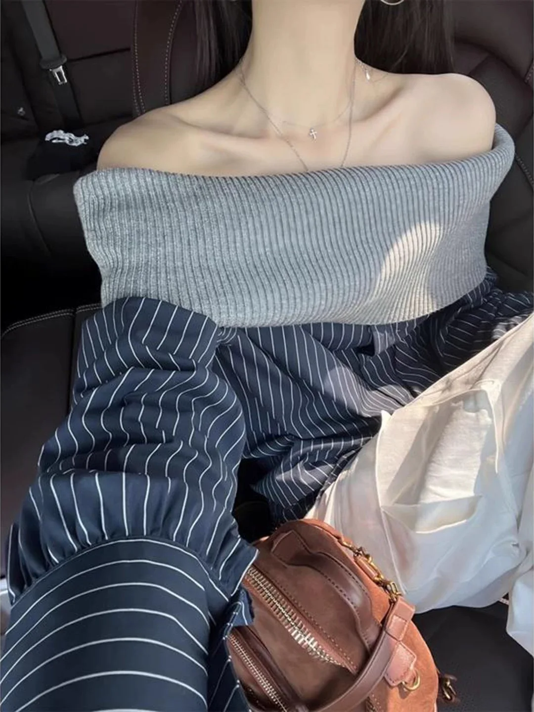 Superbe rayé irt une épaule Design belle début d'automne Aosphère sentiment vêtements grande taille femmes Faion