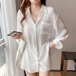 Gidyq Women Sexy Translucent Folds Shirt Korean Fashion Loose Long Sleeve Sun Proof Clothes Summer Sweet Chic All Match Tops New