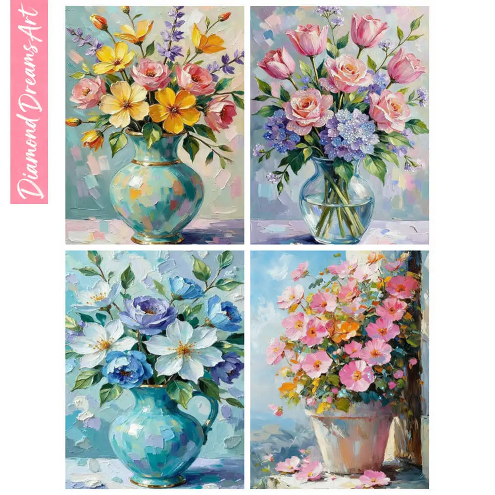 

Набор для алмазной мозаики с полным квадратным и круглым наполнением: Ваза с цветами и розами, без рамки, для домашнего декора