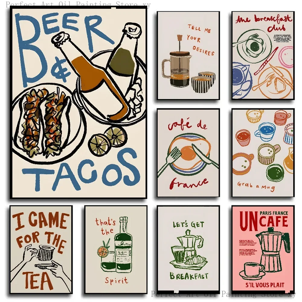 1PC Coffee Shop Nachmittagstee Croissant Bunte Retro Poster Papier Druck Hause Wohnzimmer Schlafzimmer Eingang Bar Restaurant
