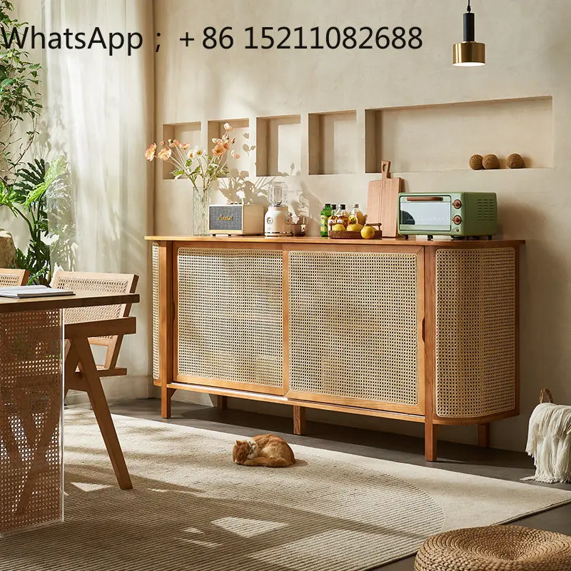 SCY living room wall solid wood locker household ash wood rattan multi-functional storage side cabinet