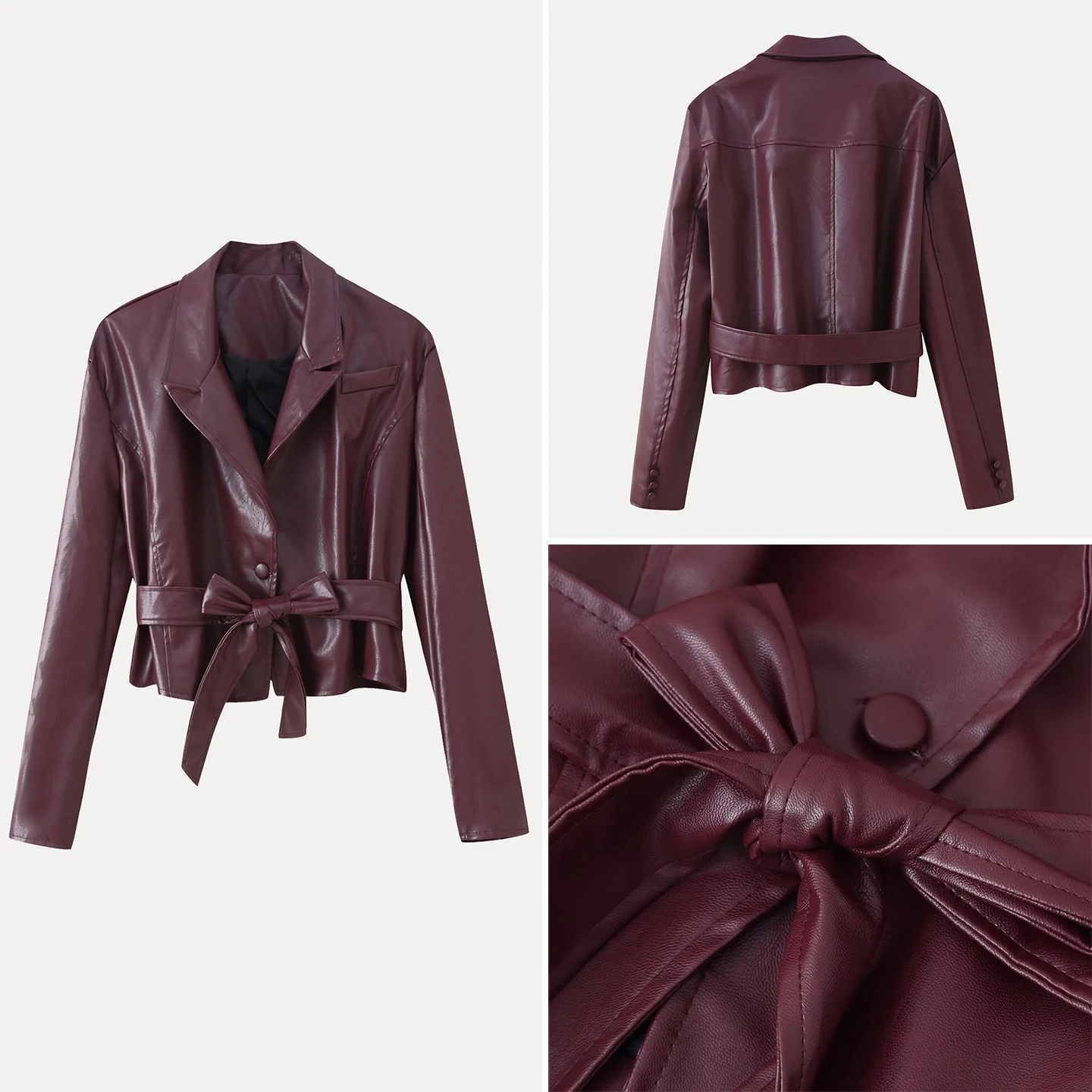 Nowa damska kurtka skórzana na jesień 2025, z długim rękawem, wiązana w talii, z kołnierzem, idealna do dojazdów do pracy, młodzieżowa, o luźnym kroju.