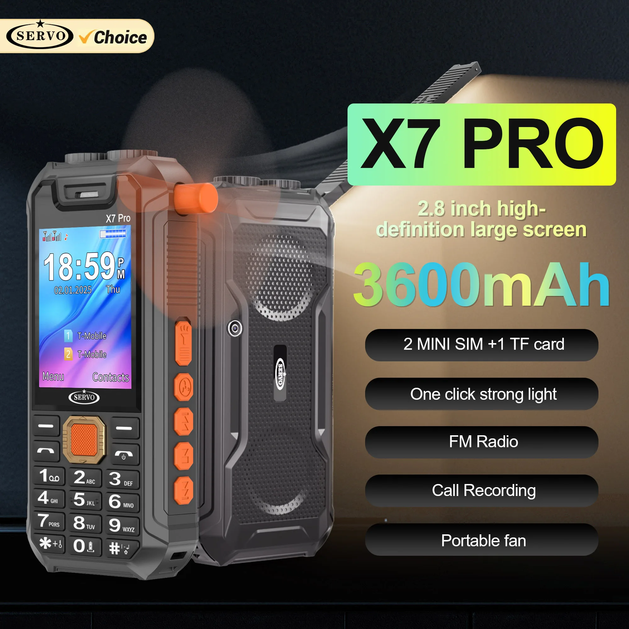 

SERVO X7 PRO Функция мобильного телефона Маленький вентилятор Двойной SIM-карты Режим ожидания Громкий динамик Волшебный голос Bluetooth Настольная лампа 2G GSM Мобильные телефоны