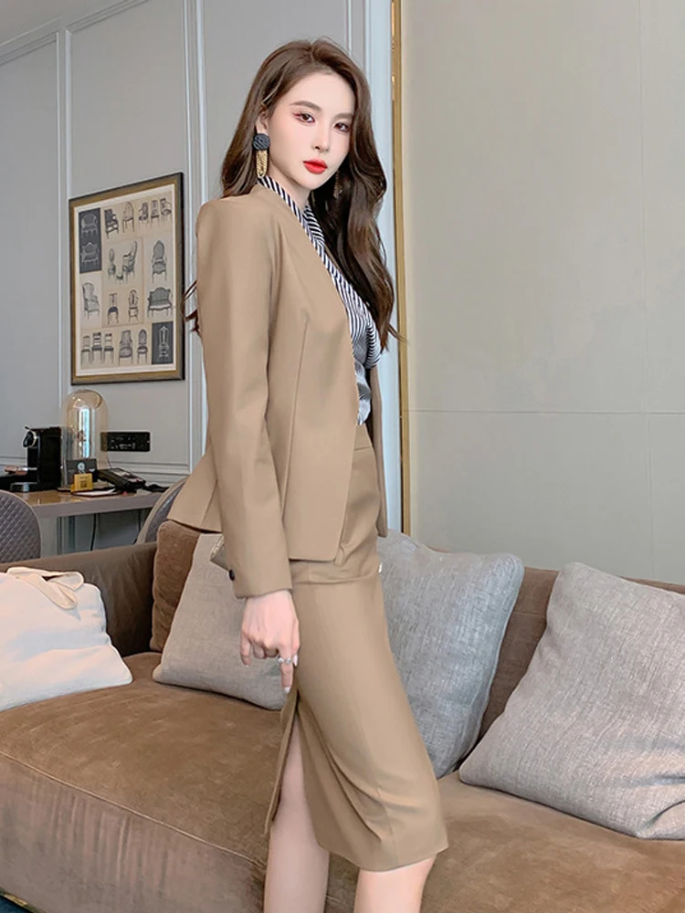 2023 Spring Professional Elegant 2 Pieces Sets Women Khaki Open Stitch Jacket Split Midi Skirt Office Business Formal Lady Suits