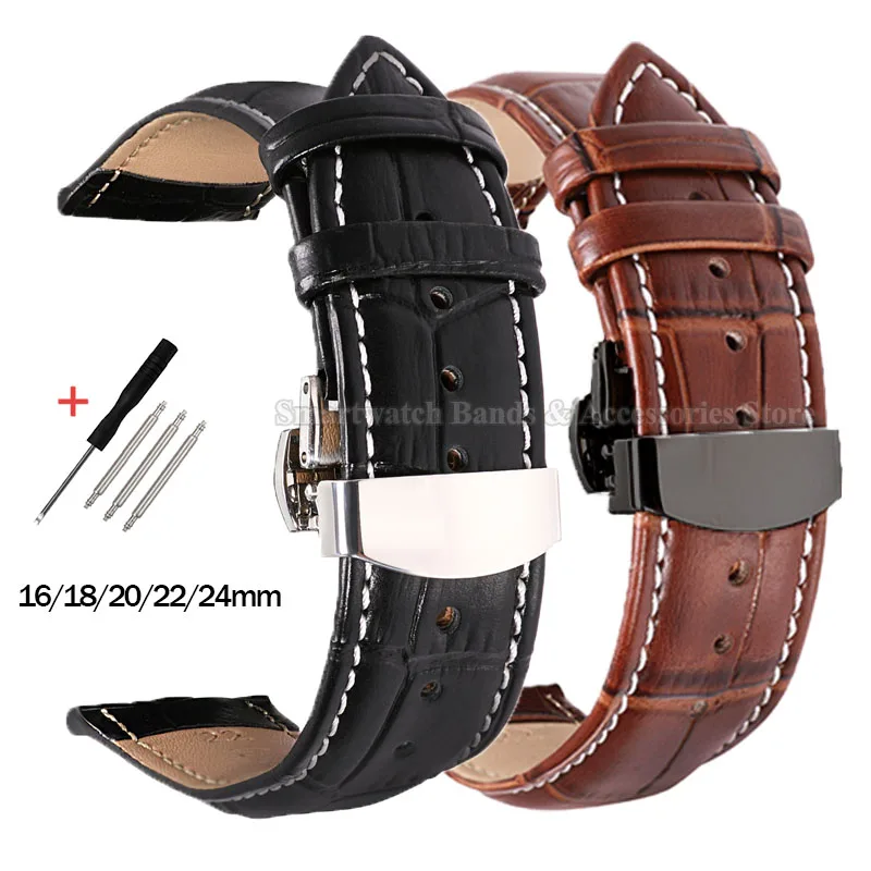 16mm 18mm 20mm 22mm 24mm Leather Watch Strap Replacement Men Women Wrist Band Waterproof Sport Bracelet Solid Folding Buckle