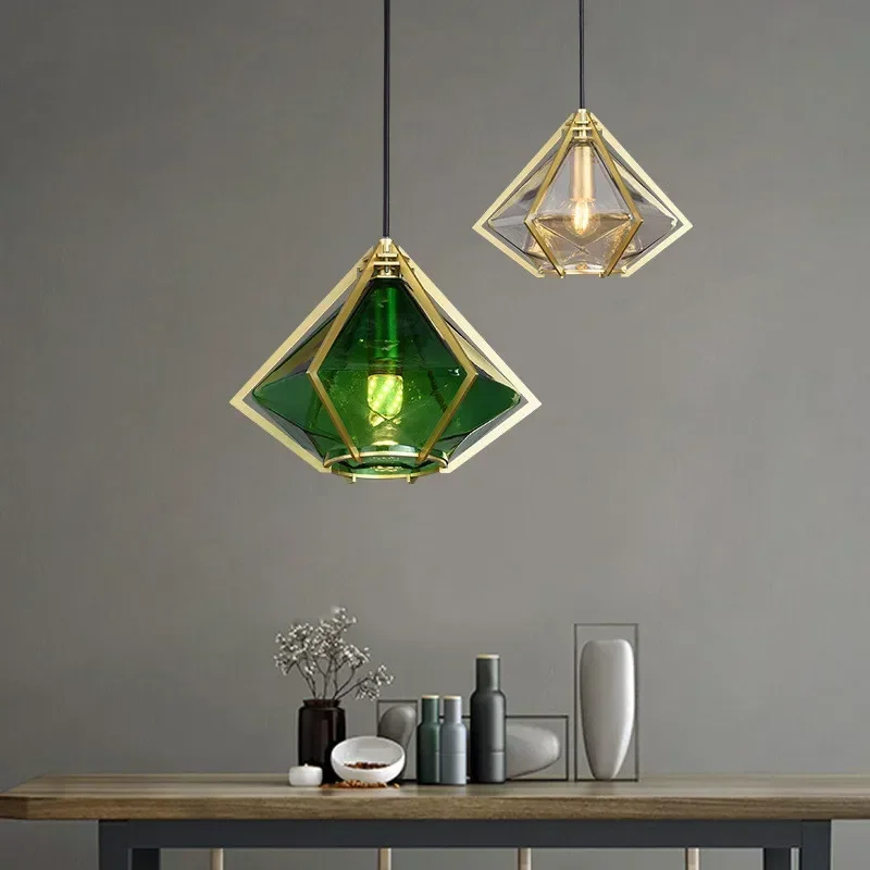 

Creative Polygonal Glass Chandelier Modern Simple Restaurant Bedroom Lamp Iron Art Living Room