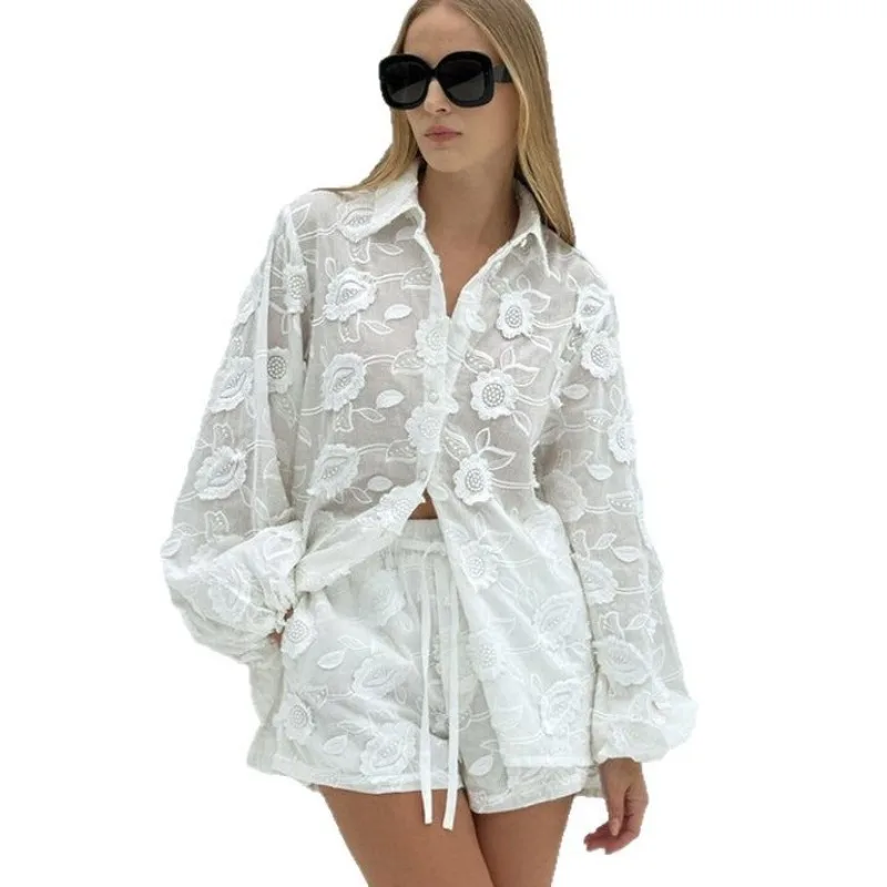 

European and American Women's Clothing New Fashionable and Sexy Lace Suit Embroidered Perspective Shirt High Waist Shorts White