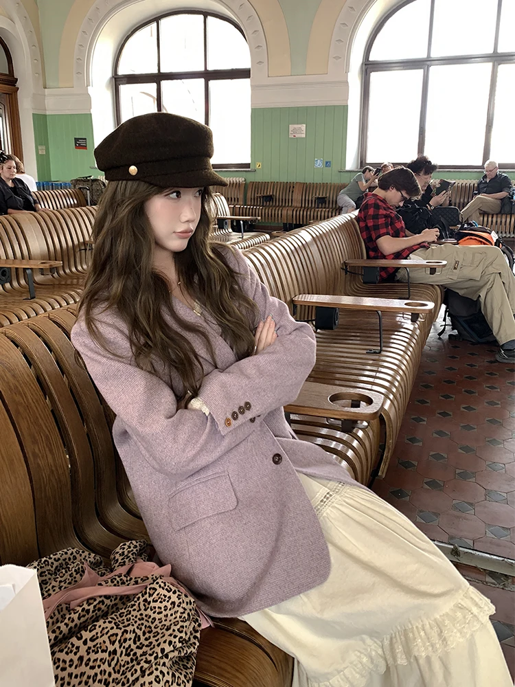 

Фиолетовый шерстяной костюм в клетку Jaet, женский свободный повседневный универсальный элитный костюм на весну и осень, новинка PAOFU для поездок на работу, простой