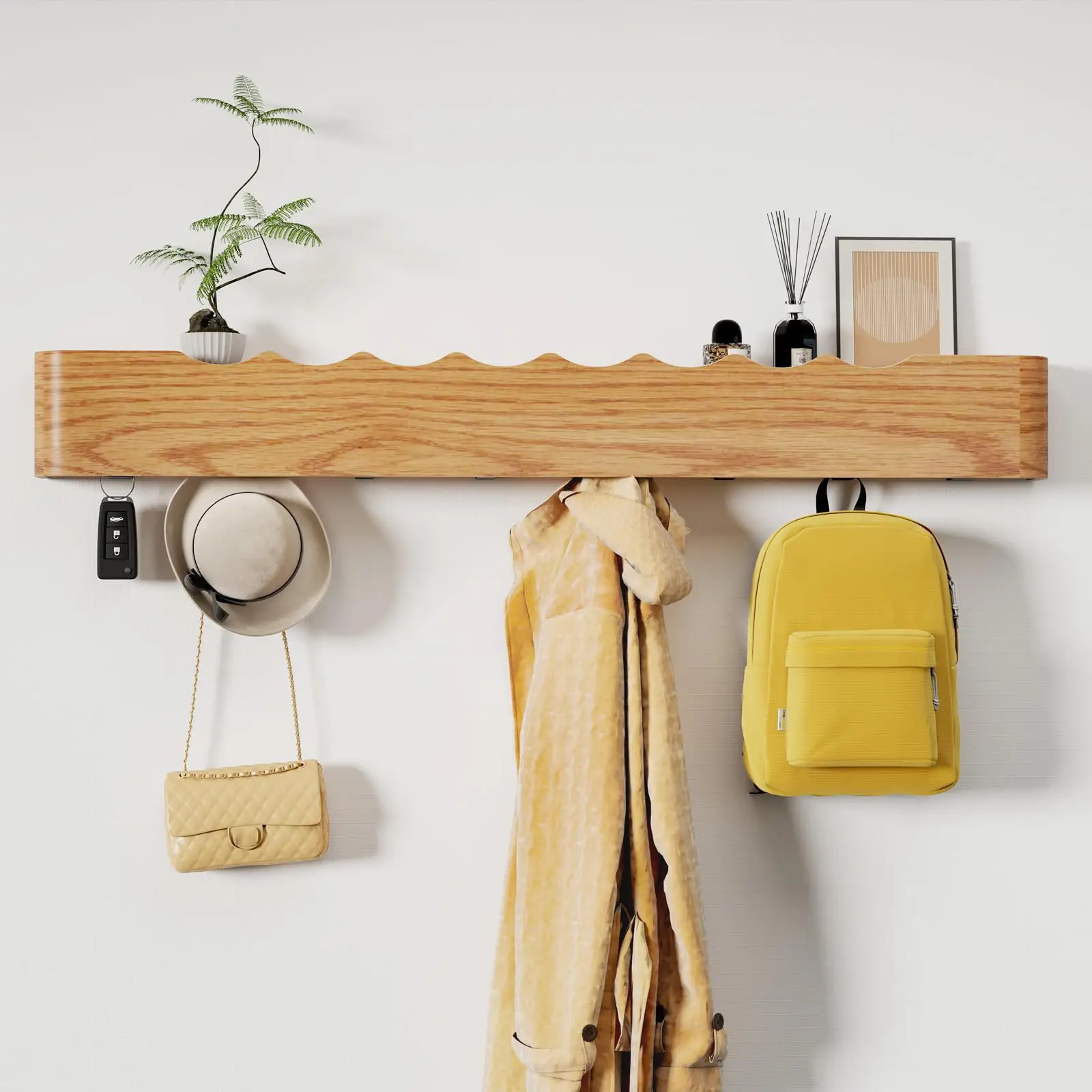 

Modern Wooden Wall-Mounted Entryway Shelf With Concealed Hooks For Coats, Hats, Bags, Keys And Towels – 5 Hook Design