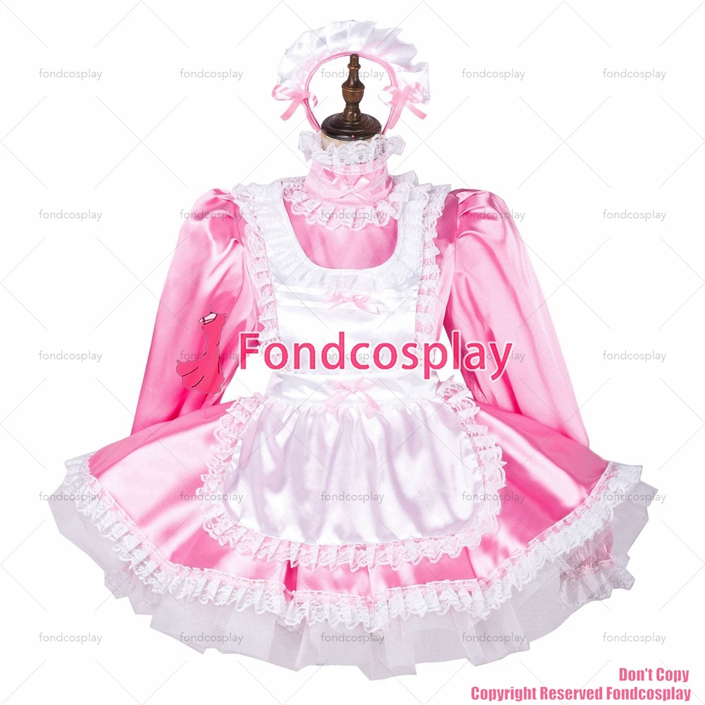 fondcosplay adult sexy cross dressing sissy maid short lockable pink satin dress Uniform white apron costume CD/TV[G1789]