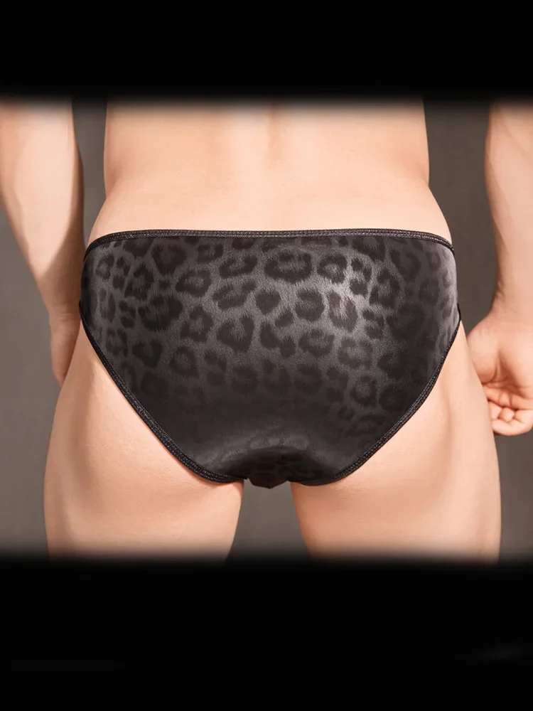 Sexy Men U Convex Bulge Pouch Elastic Briefs Oil Glossy Shiny Leopard Underwear Sheer See Through Thongs Gay Wear