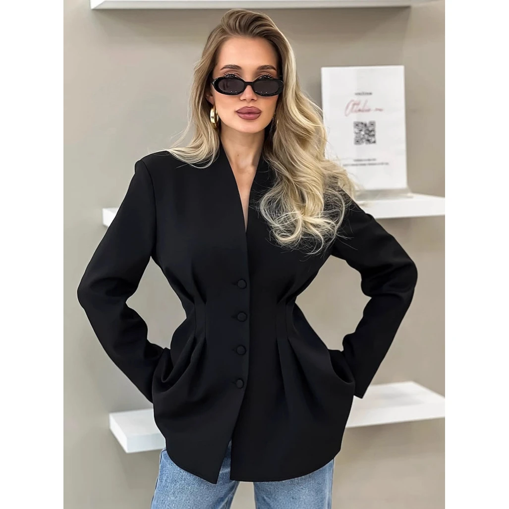 

Ele Slim Fit с завязкой на талии V Ne Design Осенний трансграничный новый офисный костюм Верхняя одежда Женский деловой костюм