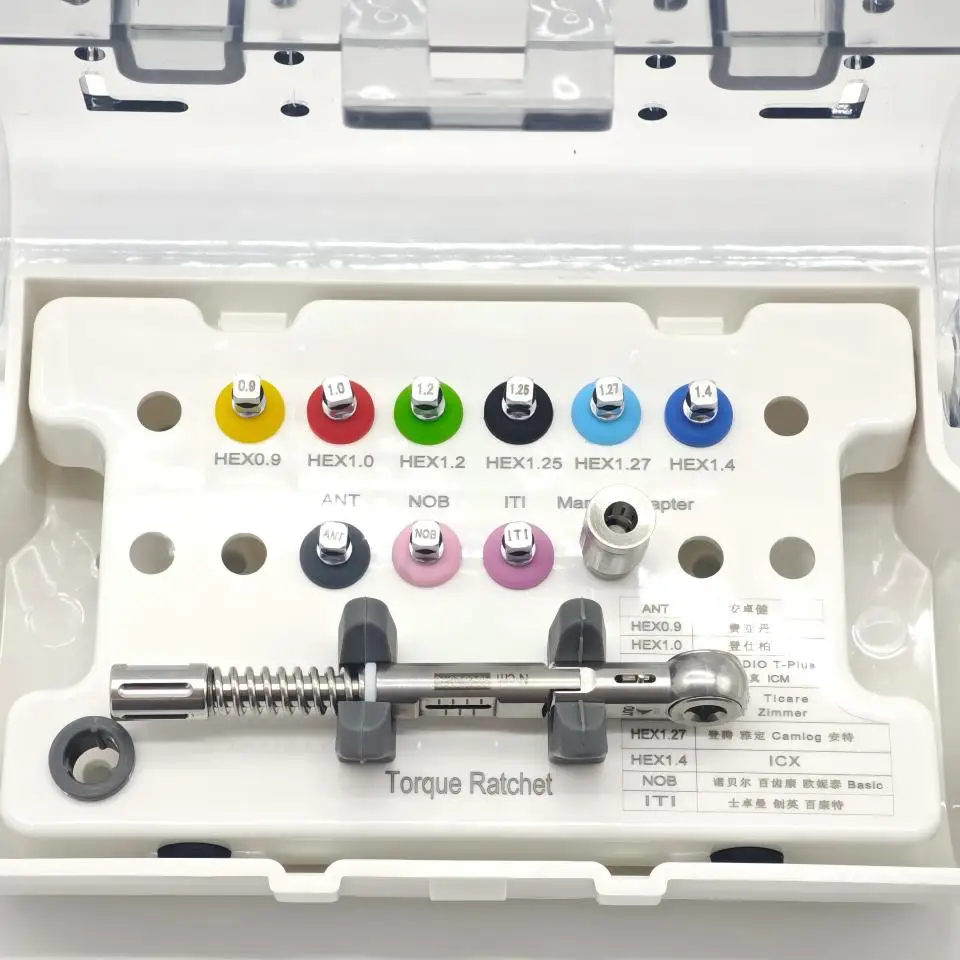Implant Abutment Screw Tightening Kit Dental Torque Wrench  Ratchet with 9Pcs Drivers Prosthetic Restoration Box