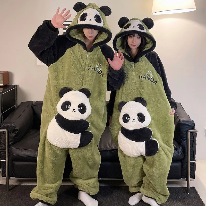 New Stitch Jumpsuit Couple Pajamas Women'S Coral Fleece Thickened Autumn And Winter Zipper Cartoon Home Clothes Warm And Comfort