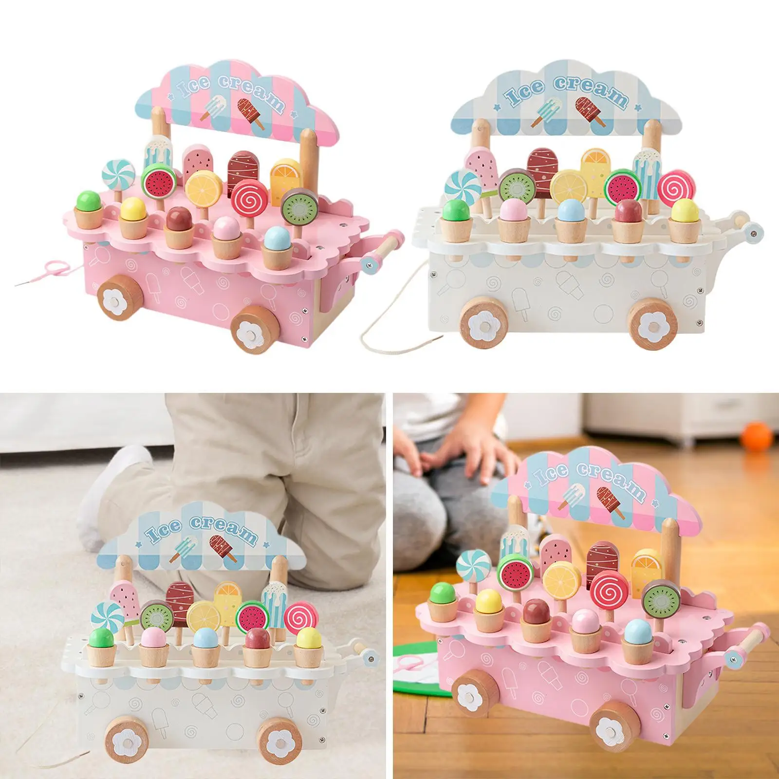 Wooden Ice Cream Cart Toy Play Kitchen Accessories Wooden Popsicle Set for Kids Children 3-8 Year Old Boys Girls Birthday Gifts