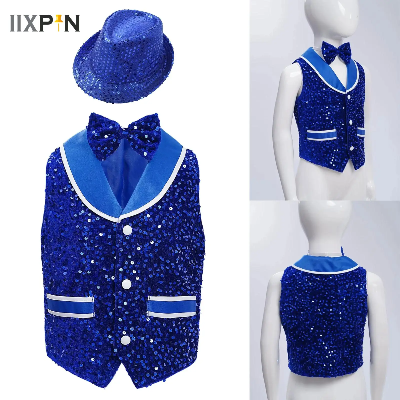 

Kids Boys Glittery Sequin Dance Vest Sleeveless Waistcoat Tops with Hat for Jazz Hip-hop Modern Show Party Stage Performance
