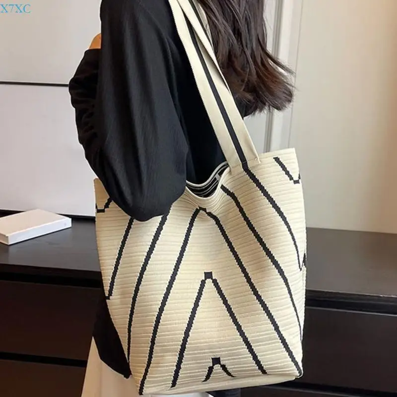 X7XC حقيبة يد نسائية محبوكة حقيبة كتف سعة كبيرة حقيبة الإبط حقيبة موجات دلو