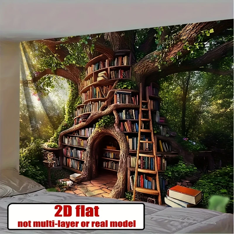 Immersive Fantasy Library Mural Wallpaper Wall Art Tree Bookshelf Forest Reading Room Decor Print Poster Home Accent