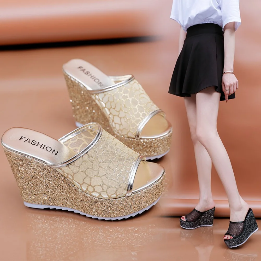 Bling Golden Women Slippers Summer Shoes Platform 4cm Outside Fitting-room 11cm High Heels Wedges Solid Mesh Female Sliver Shoes