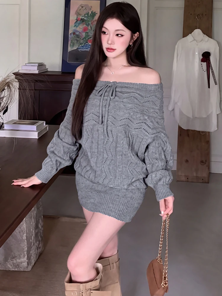 2026 White Knitted Screw Thread Hollow Out Long Sleeve Dress Women Elegant Bow Dress Autumn Winter Elegant Casaul Holiday Dress