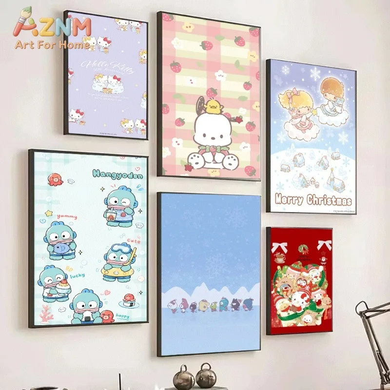 Sanrio Hello Kitty 50th Anniversary Purple Background Cute Cartoon Canvas Wall Art Unframed Canvas Poster Print for Kids Bedroom