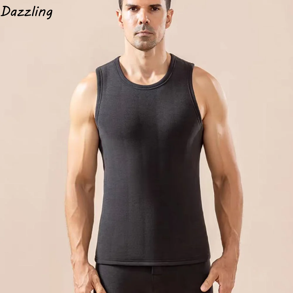 

Casual Sleeveless Men's Velvet Vest Thicken Top Solid Color Warm Base Wool Vest Plus Size Round Neck Winter Thermal Vest Male