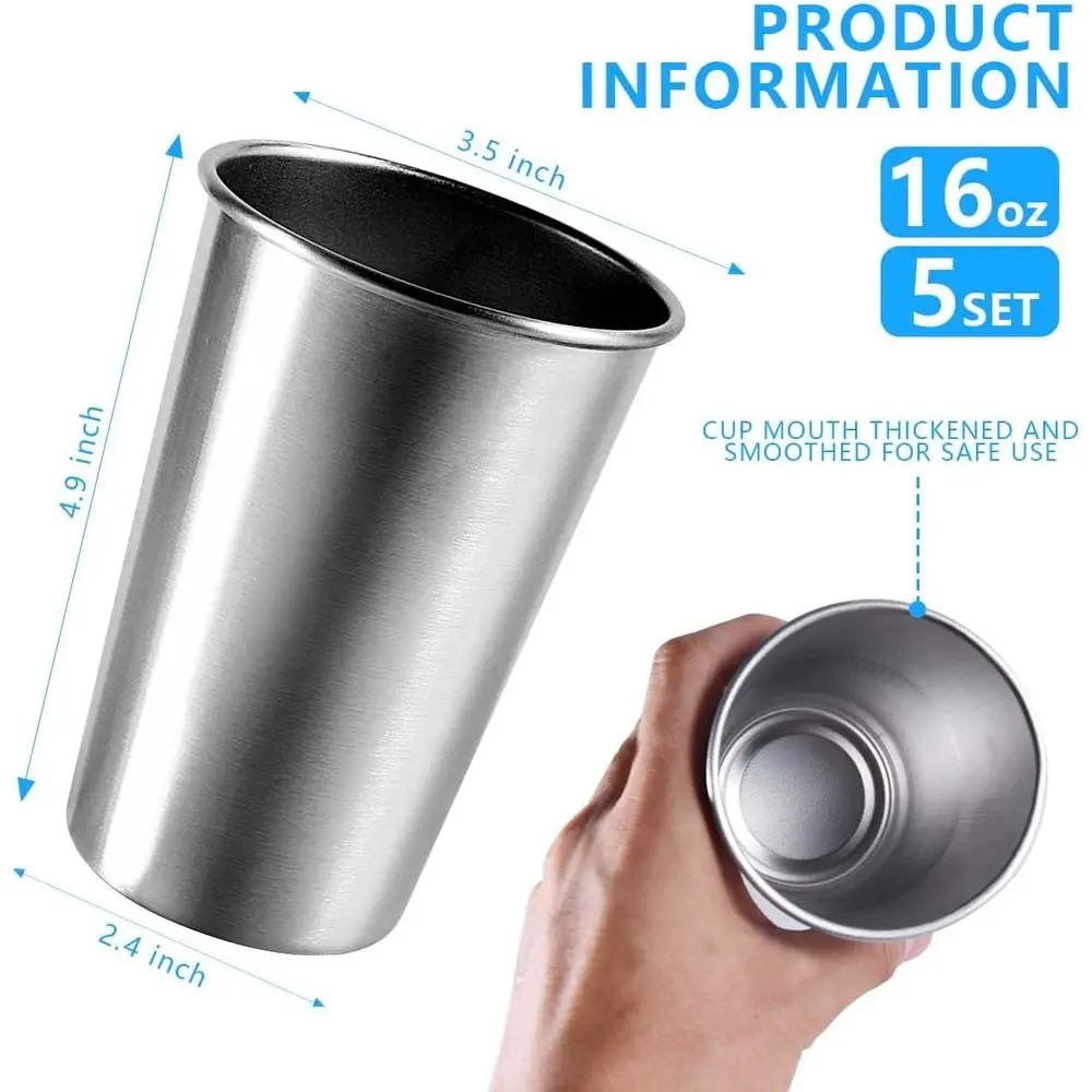 Set of 5 16oz Stainless Steel Pint Cups - Shatterproof Tumblers for Bar, Home, Restaurant Use
