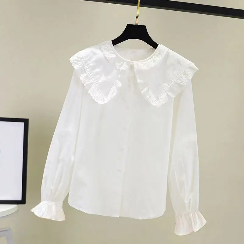قميص بناتي أبيض للربيع والخريف 2026 نمط كوري جديد أنيق بأكمام طويلة وياقة مكشكشة من الدانتيل وطبقة أساسية للأطفال #4