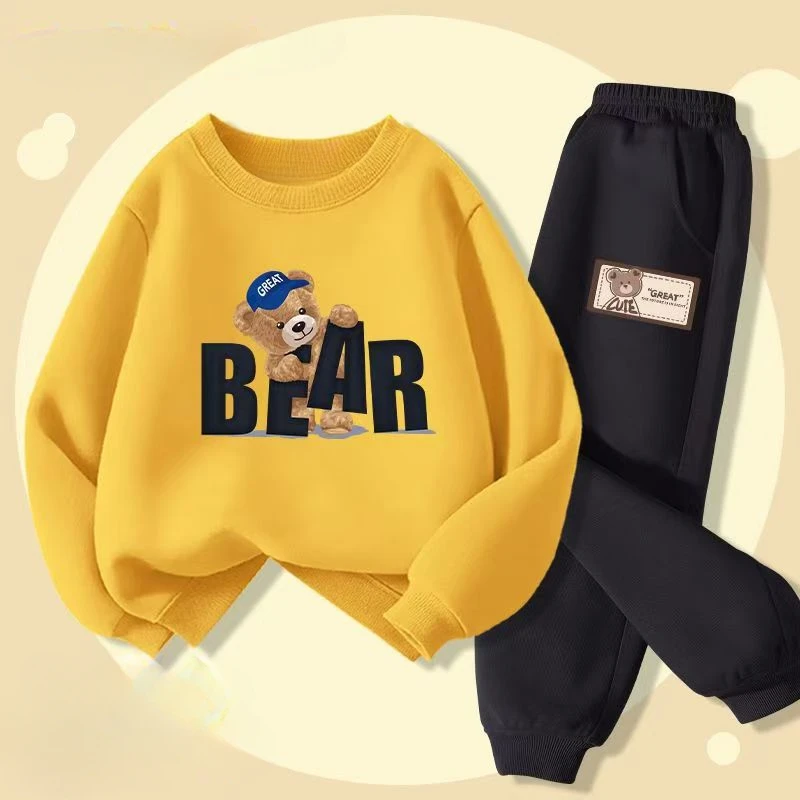 Autumn Baby Girls Clothes Set Children Boy Cartoon Bear Letter Printed Pullover Sweatshirts And Pants 2pcs Suit  Kid Tracksuits