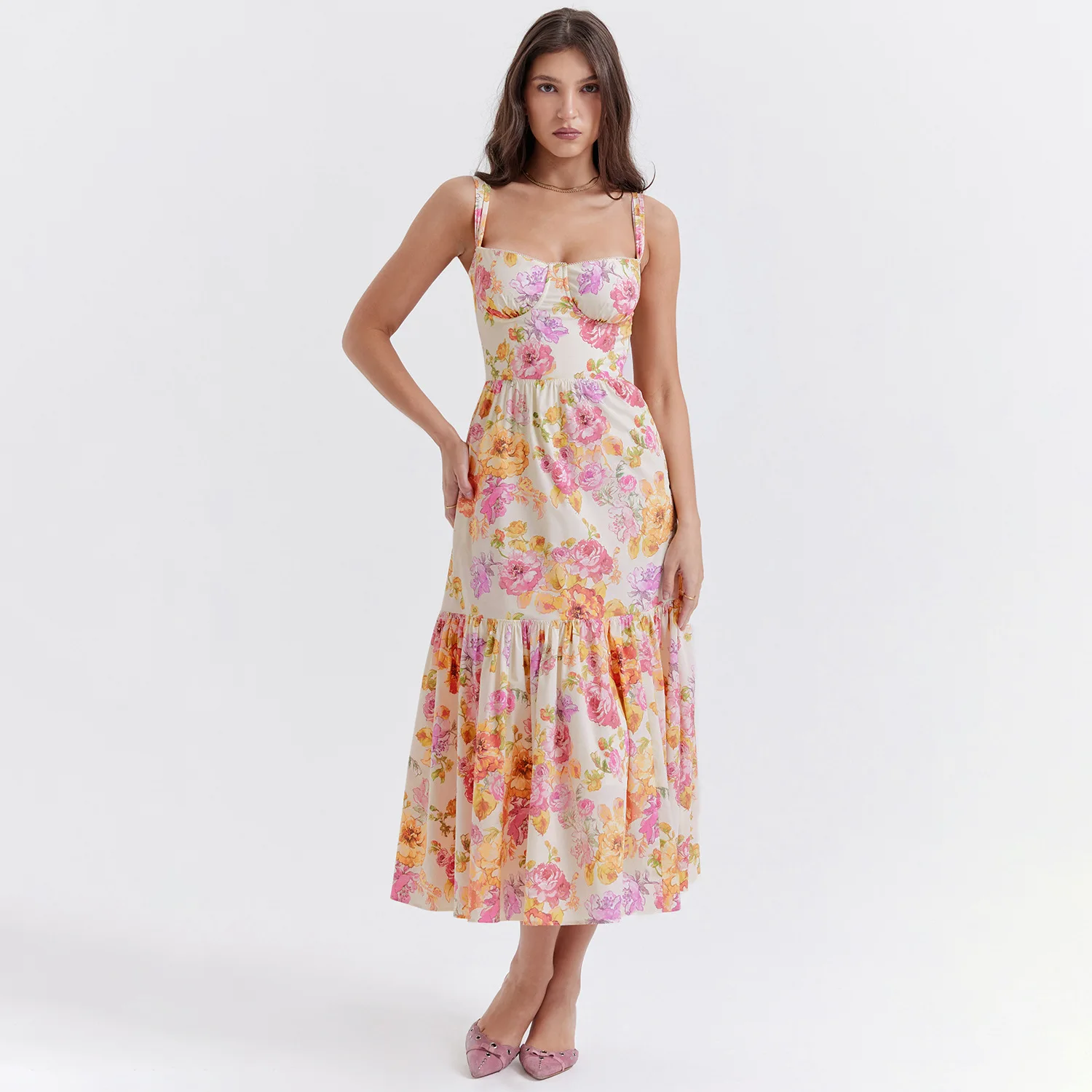 

Printed suspenders one-word shoulder pleated lace floral dress fashionable simple and versatile temperament luxury elegant resor