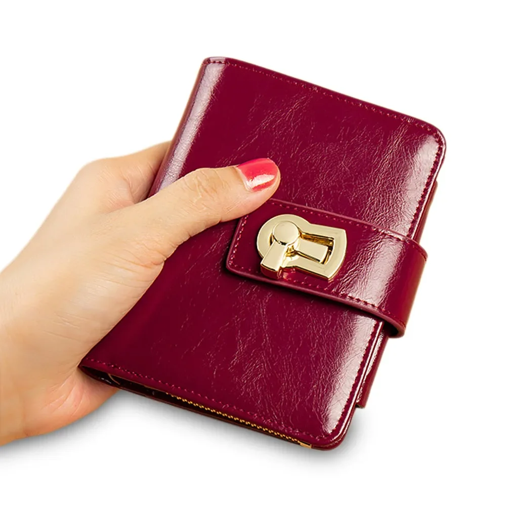 Small Wallet for Women Genuine Leather Designer Metal Lock Luxury Short Female Purses Card Holder Ladies Clutch Coin  Money Bags