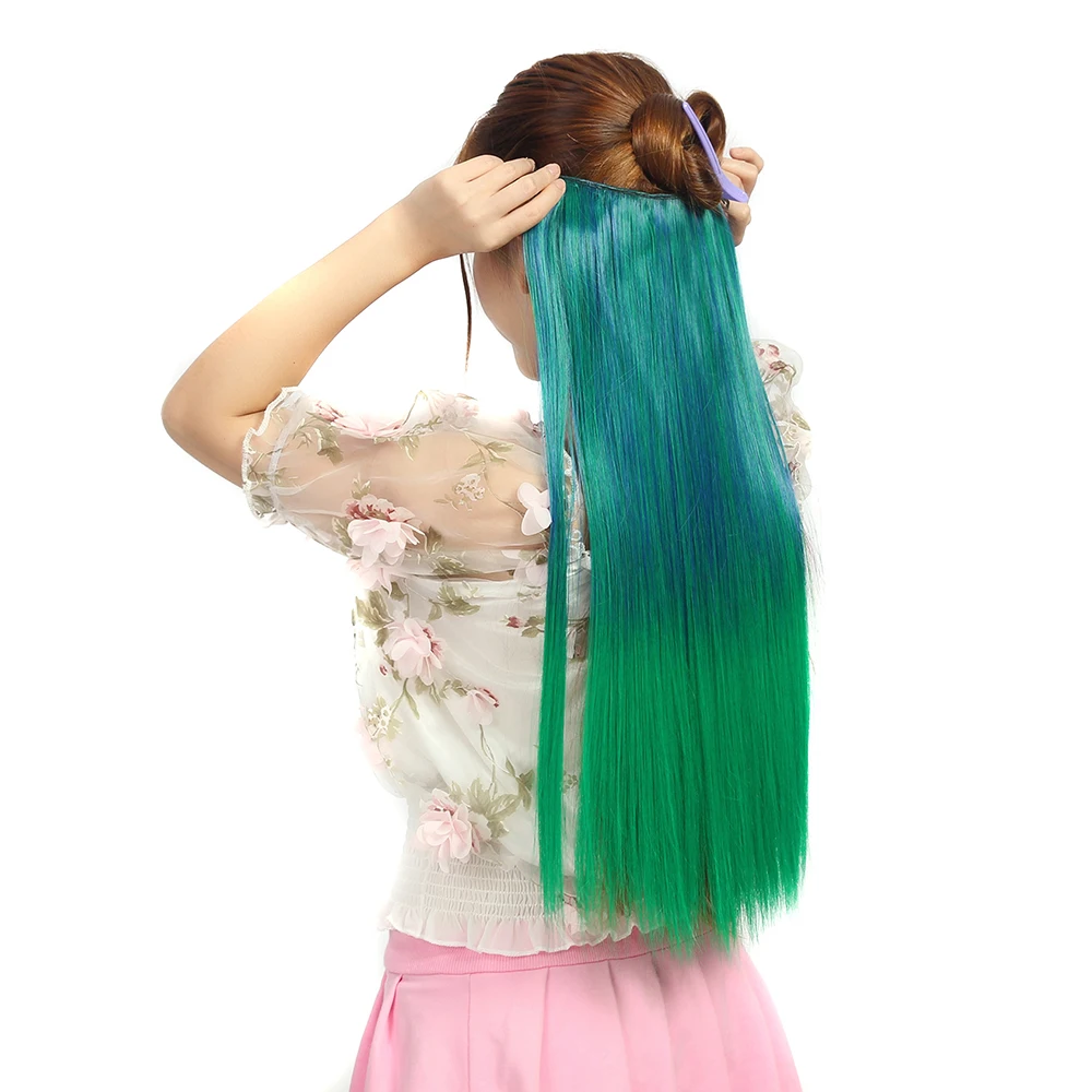 Clip in One Piece Hair Extension Long Straight Synthetic Black Blue Gray Green Pink Ombre Color Hairpieces