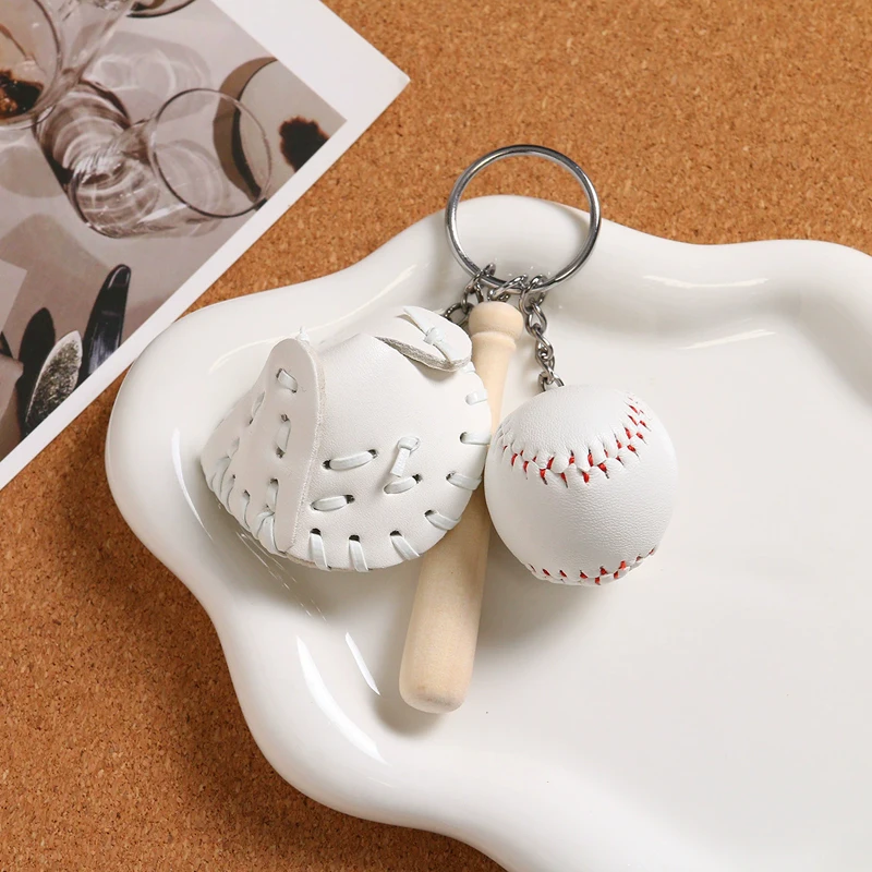 Mini Three-piece Baseball Glove Wooden Bat Keychain Sports Car Key Pendants Key Ring Charm Hanging Gift DIY Decor For Man Women