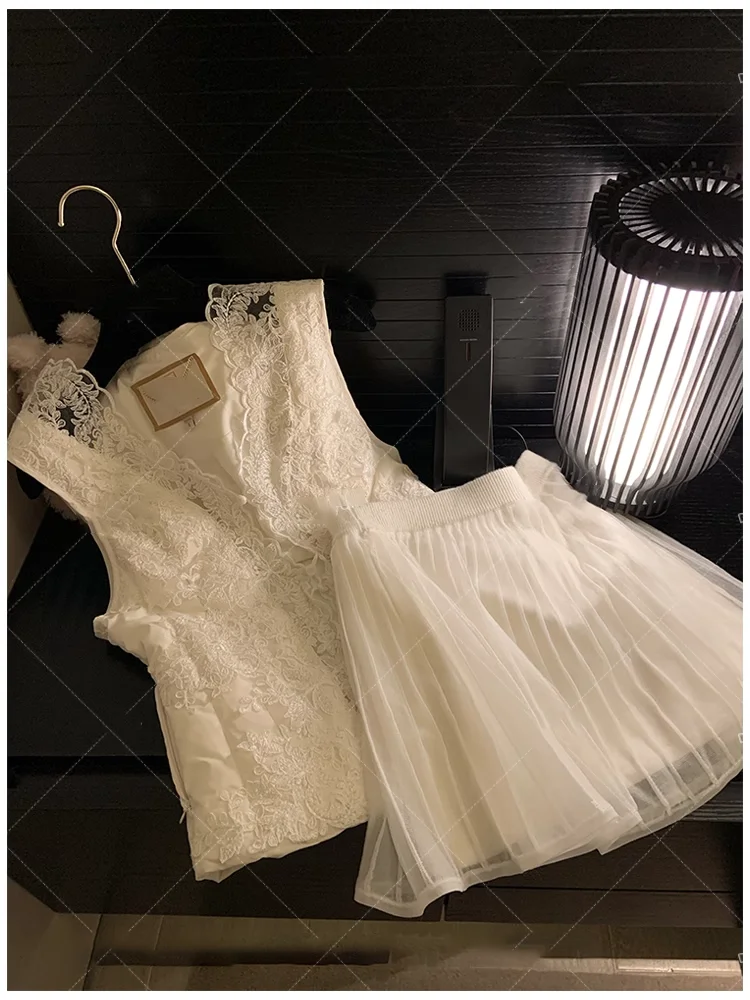 

Комплект из двух предметов: плиссированная тюлевая юбка с кружевной отделкой и пуховым наполнителем Angel Canion, повседневный зимний модный женский ансамбль