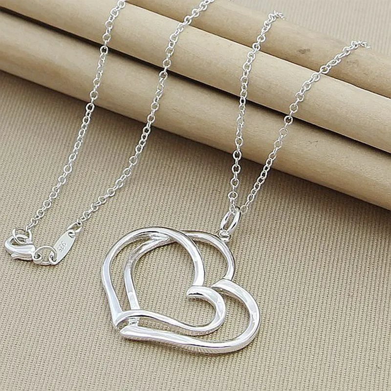 

925 Sterling Silver 18 Inch Chain Double Heart Pendant Necklace For Women Men Wedding Engagement Party Jewelry Gifts
