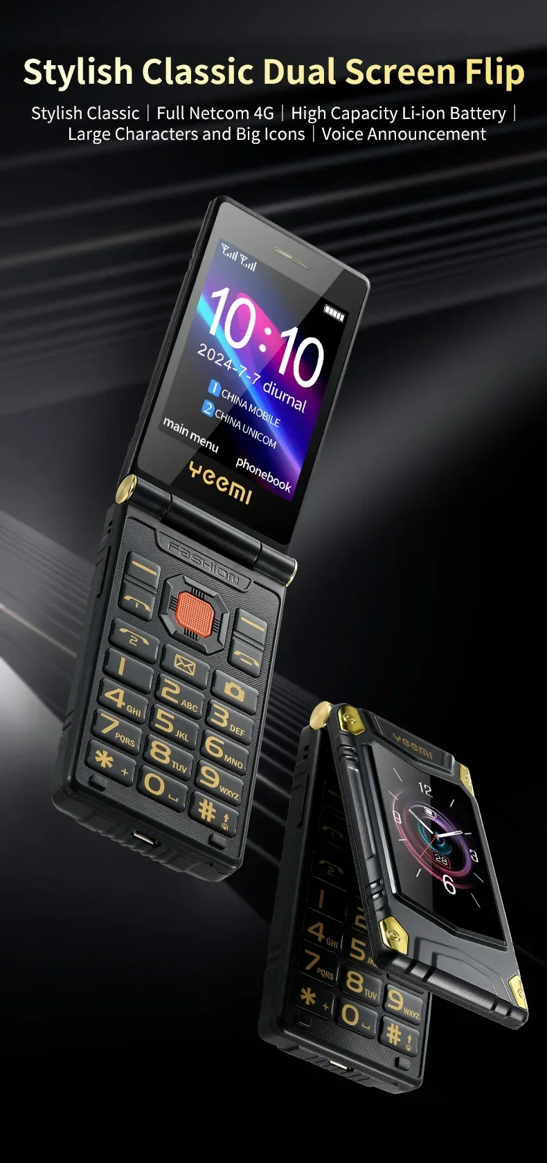YeeMI M7+ 4G Rugged Feature Phone Big Button Full Band Flip Phone Dual SIM Dual Screen Cellphone For Old Man 6800mAh Big Battery