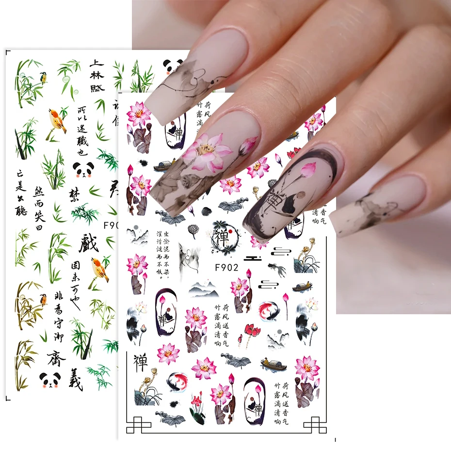 Pegatinas de uñas de estilo de poetría antigua China, calcomanías adhesivas de diseño de flores de peonía de bambú de loto, calcomanías para manicura F898